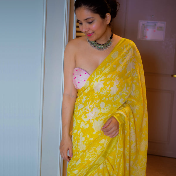 Rich Yellow Color Digital Printed Linen Saree