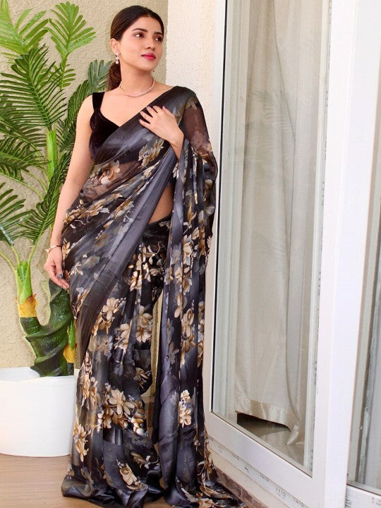 Black and Brown Color Satin Saree