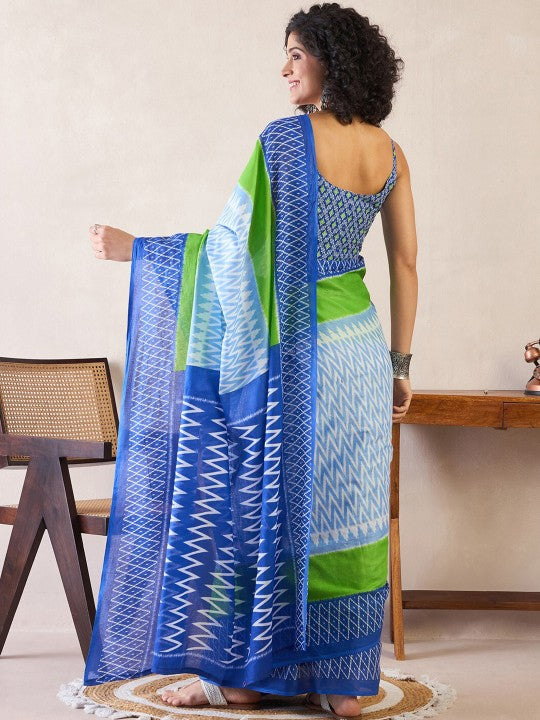 Blue and White Color Chanderi Cotton Silk Saree