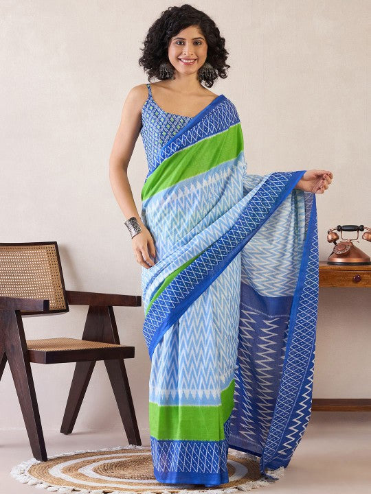 Blue and White Color Chanderi Cotton Silk Saree