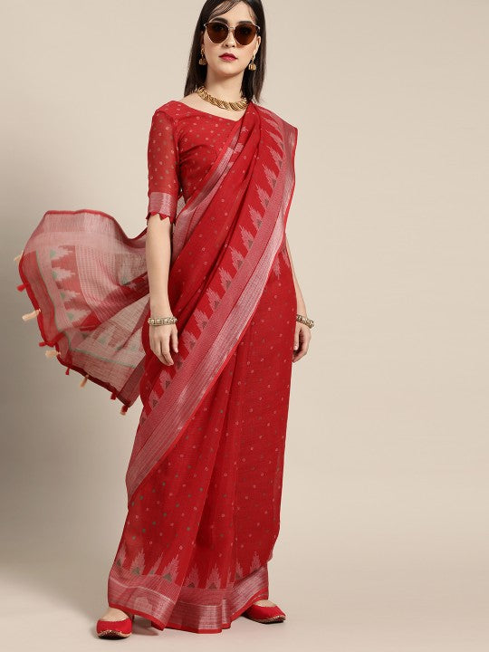 Red Color Linen Saree with Silver Zari Border