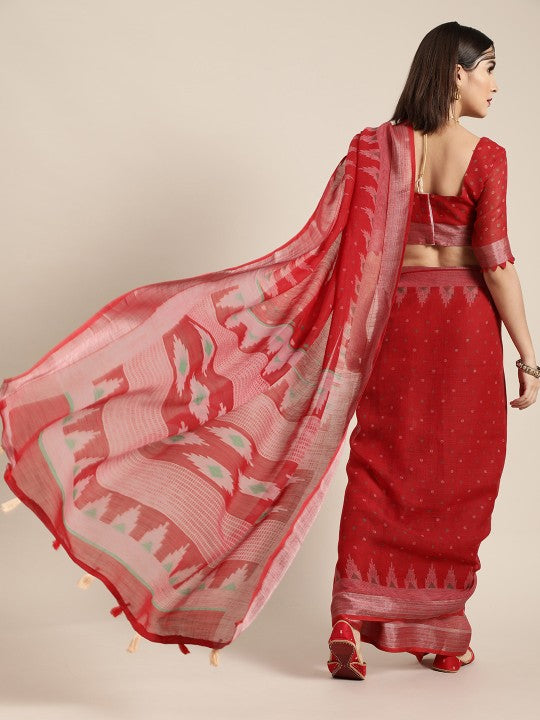 Red Color Linen Saree with Silver Zari Border