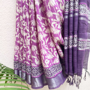 Rich Violet Color Digital Printed Linen Saree