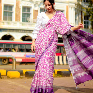 Rich Violet Color Digital Printed Linen Saree