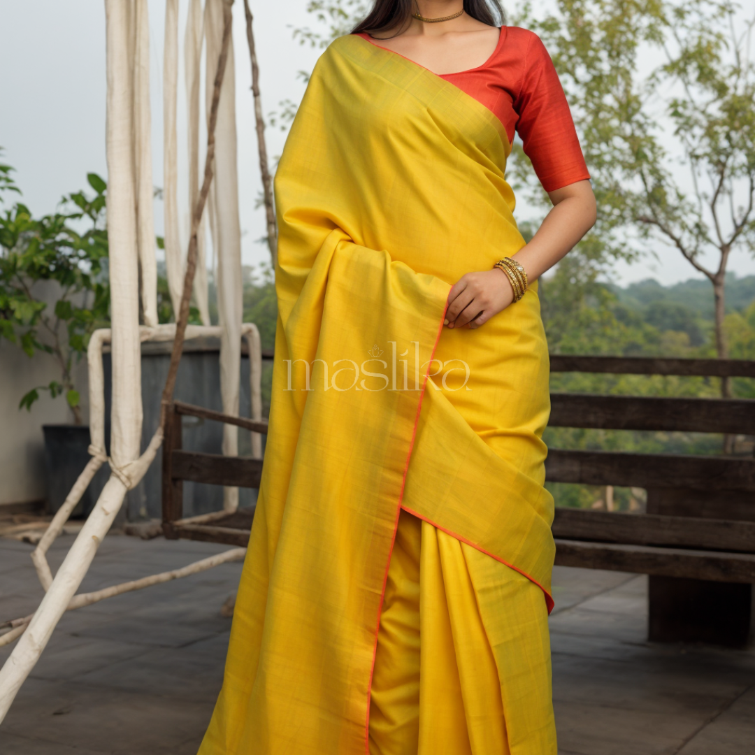 Premium Quality Yellow Color with Royal Orange Touch Chanderi Cotton Silk Saree