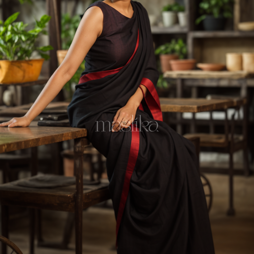 Black Premium Quality Chanderi Cotton Silk Saree with Royal Red Touch Border