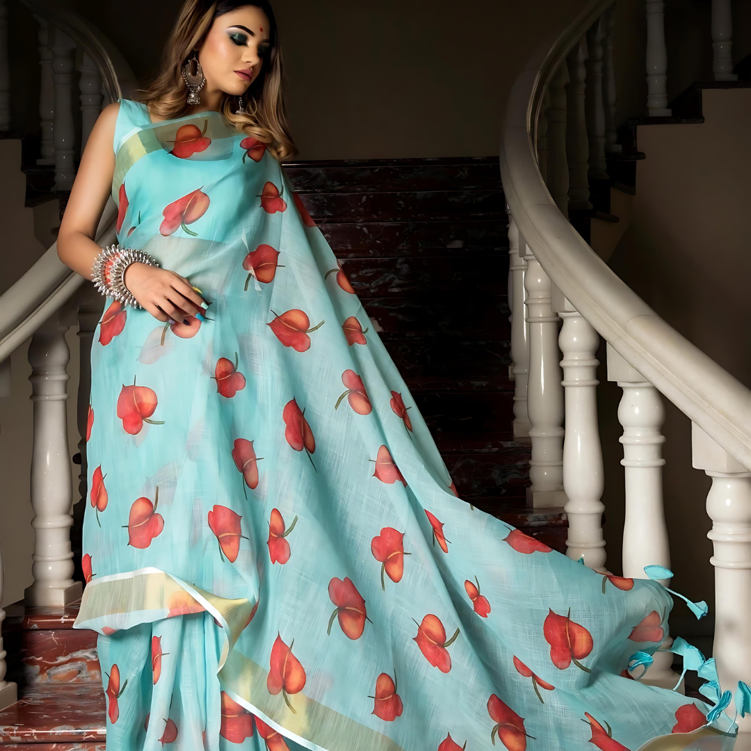 Luxurious Light Rich Blue Pure Linen Saree