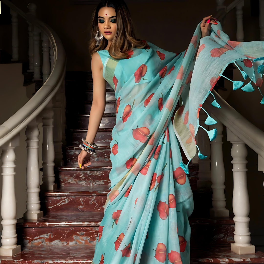 Luxurious Light Rich Blue Pure Linen Saree