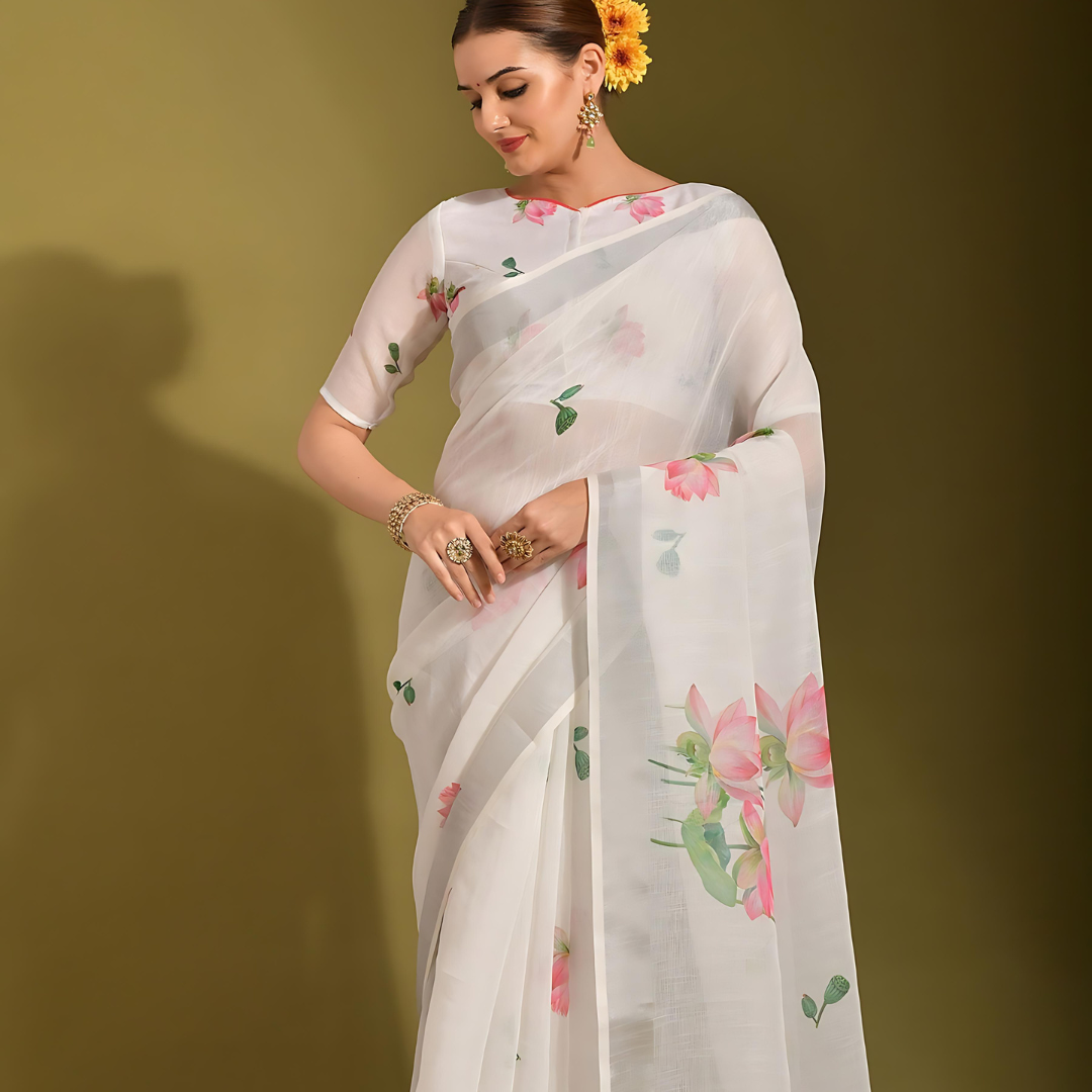 Luxurious Off White Digital Printed Pure Linen Saree