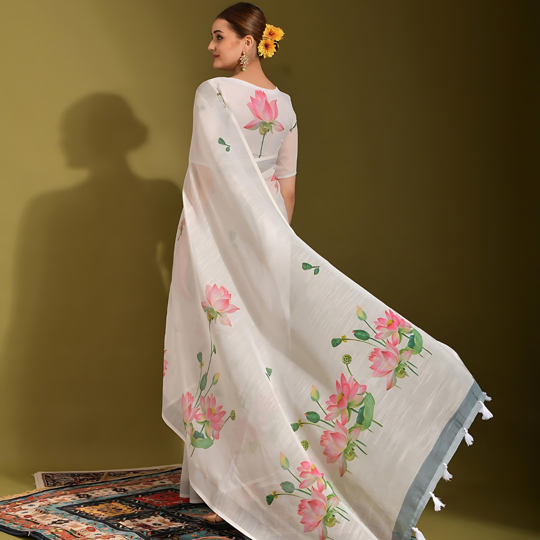 Luxurious Off White Digital Printed Pure Linen Saree