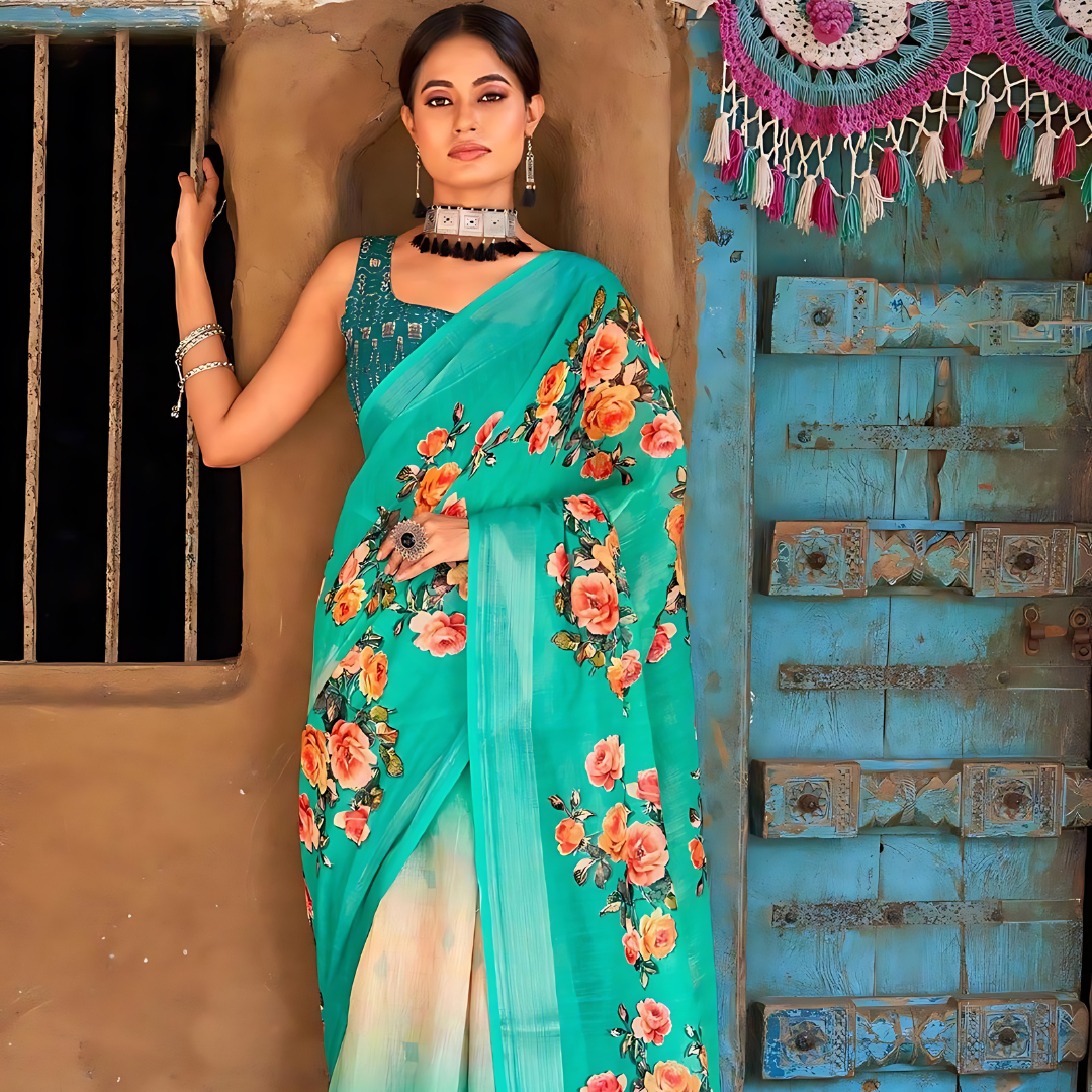 Luxurious Sea Green Digital Printed Pure Linen Saree