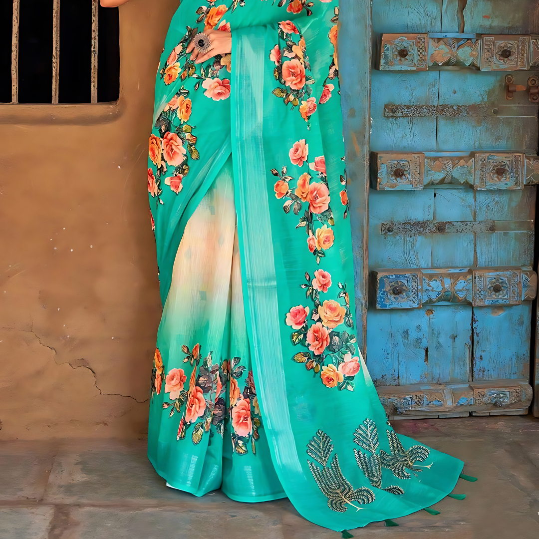 Luxurious Sea Green Digital Printed Pure Linen Saree