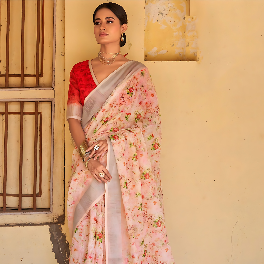 Luxurious Peach Pure Linen Saree