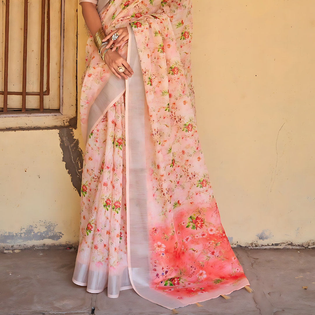 Luxurious Peach Pure Linen Saree