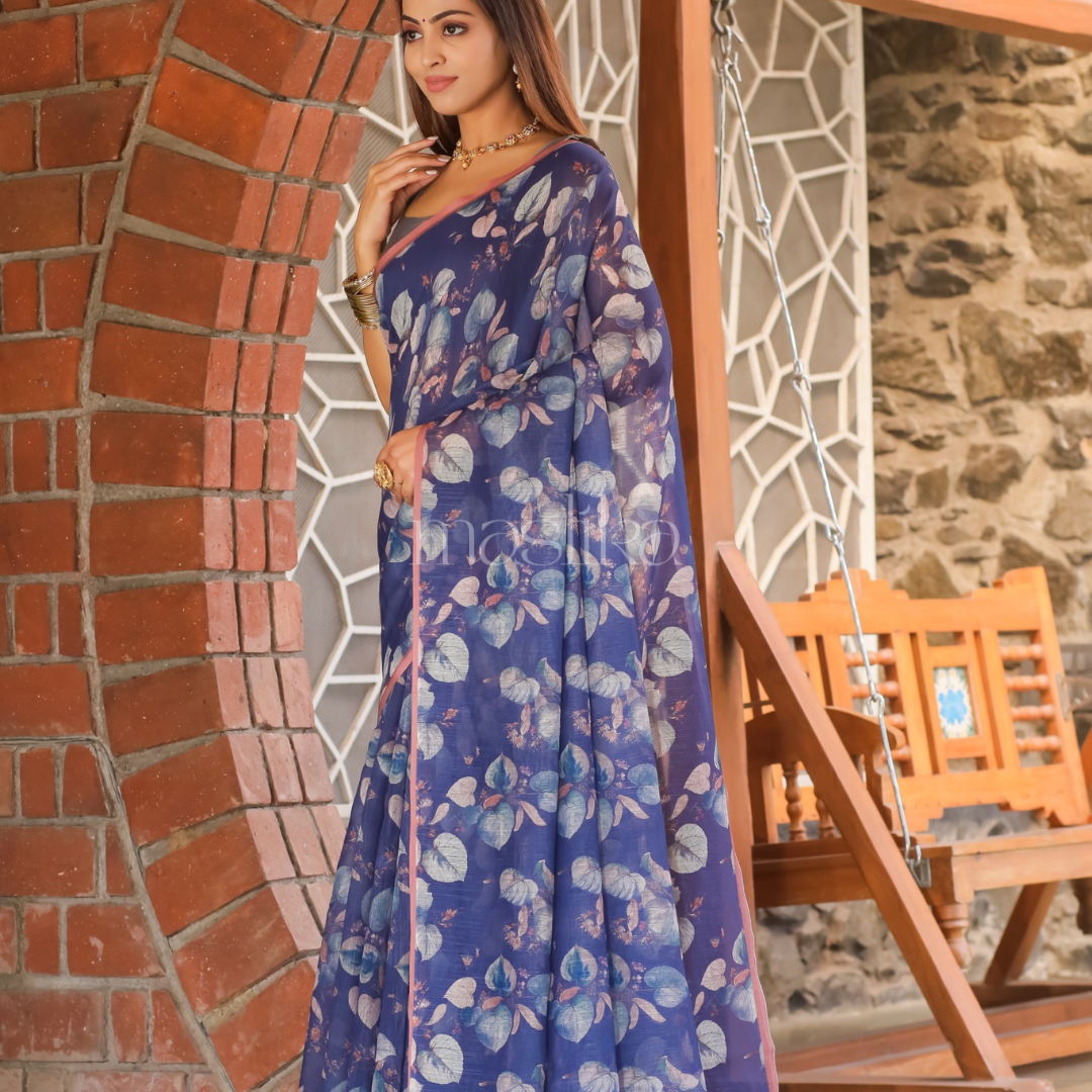 Purply Blue Luxurious Plain Linen Saree