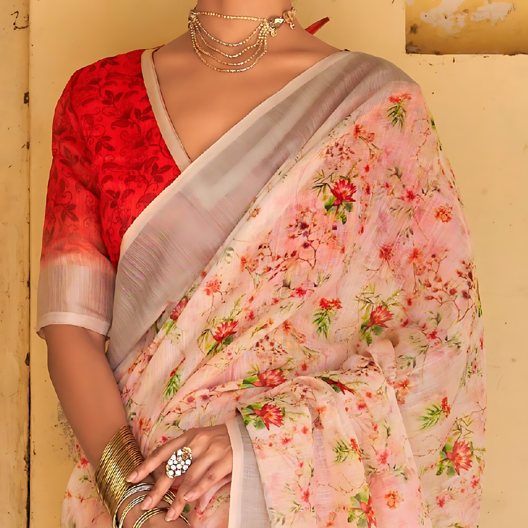 Luxurious Peach Pure Linen Saree