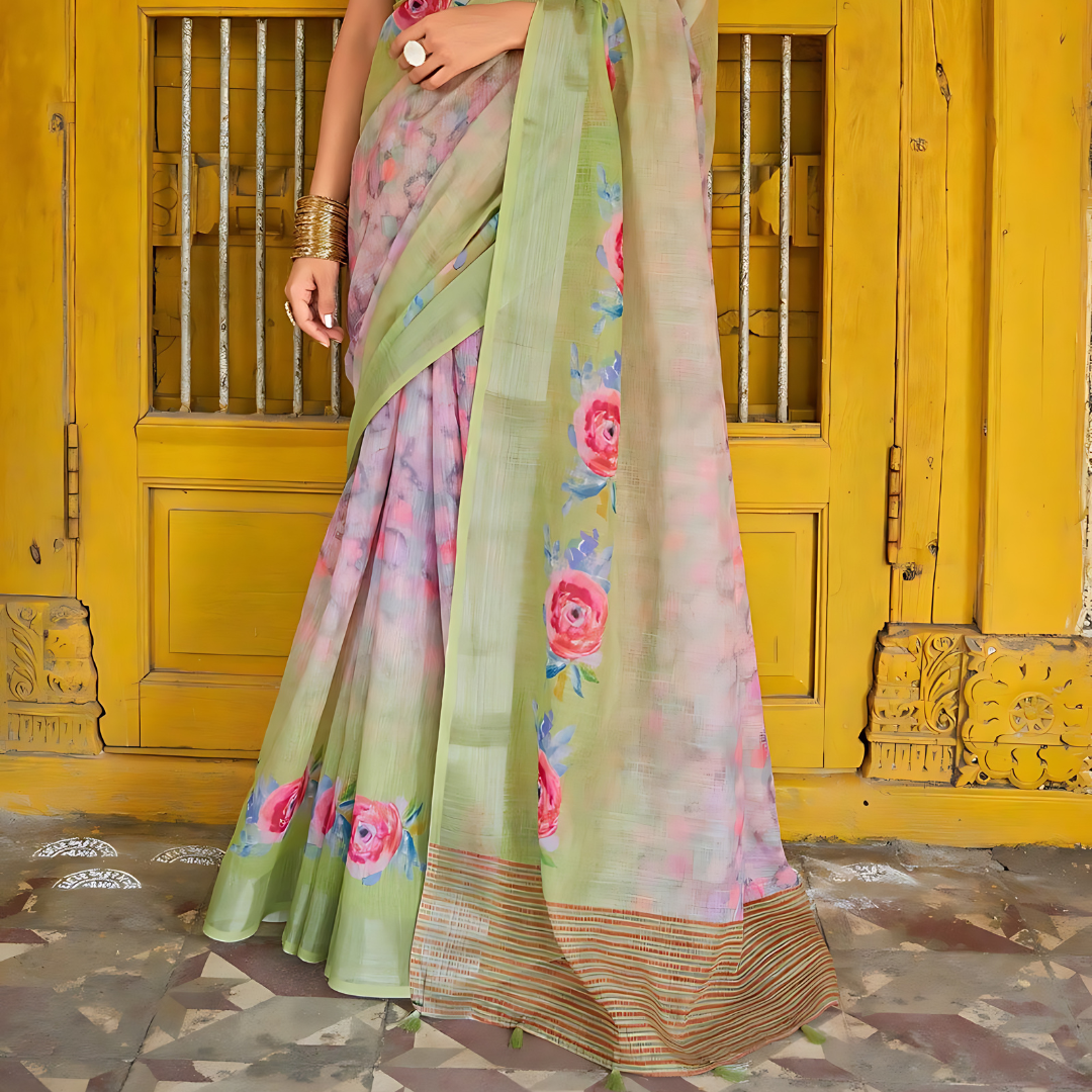 Luxurious feel and graceful drape Multicolor Pure Linen Saree.