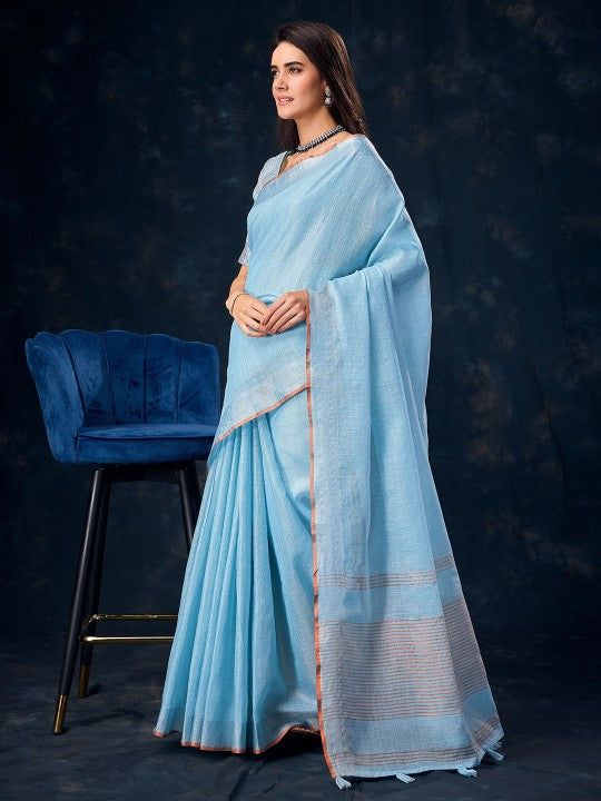 Blue Color Linen Saree with Silver Zari Border