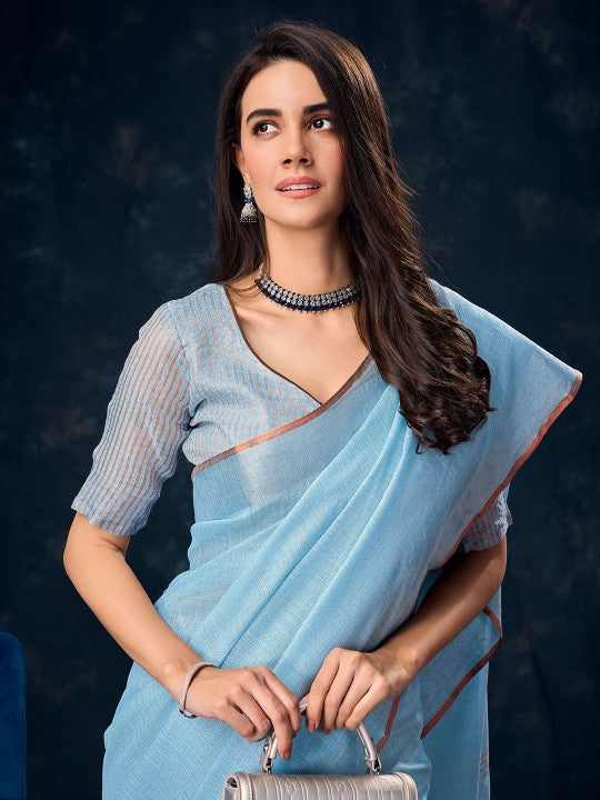 Blue Color Linen Saree with Silver Zari Border