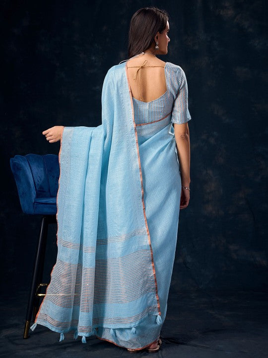 Blue Color Linen Saree with Silver Zari Border