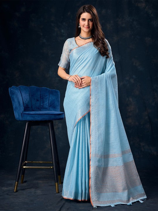 Blue Color Linen Saree with Silver Zari Border