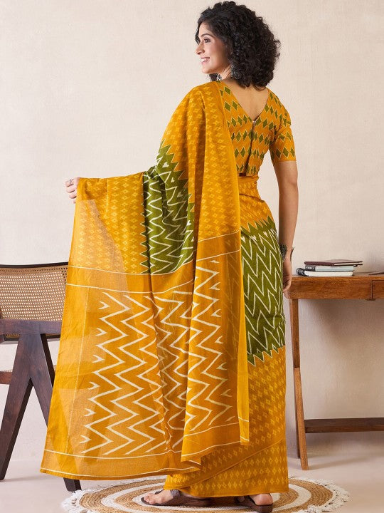 Olive Green and Yellow Color Chanderi Cotton Silk Saree