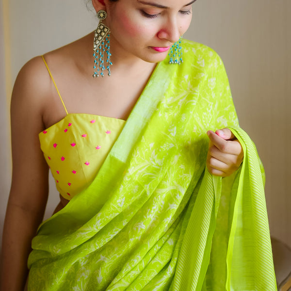 Rich Green Color Digital Printed Linen Saree with Silver Zari Border