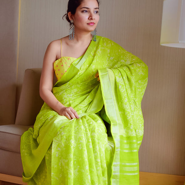 Rich Green Color Digital Printed Linen Saree with Silver Zari Border