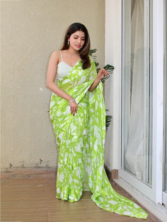 Green and White Color Satin Saree