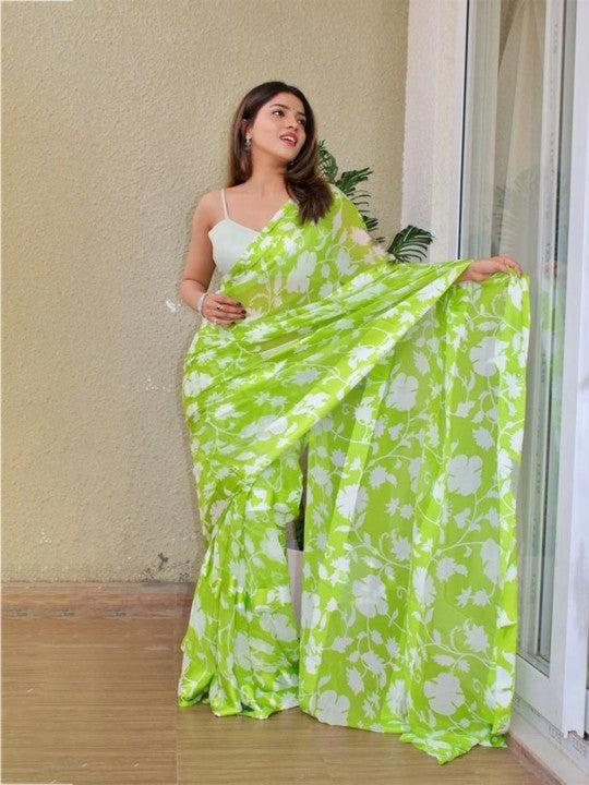 Green and White Color Satin Saree