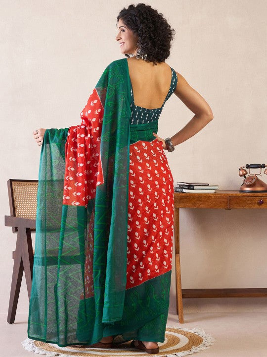 Red and Green Color Chanderi Cotton Silk Saree